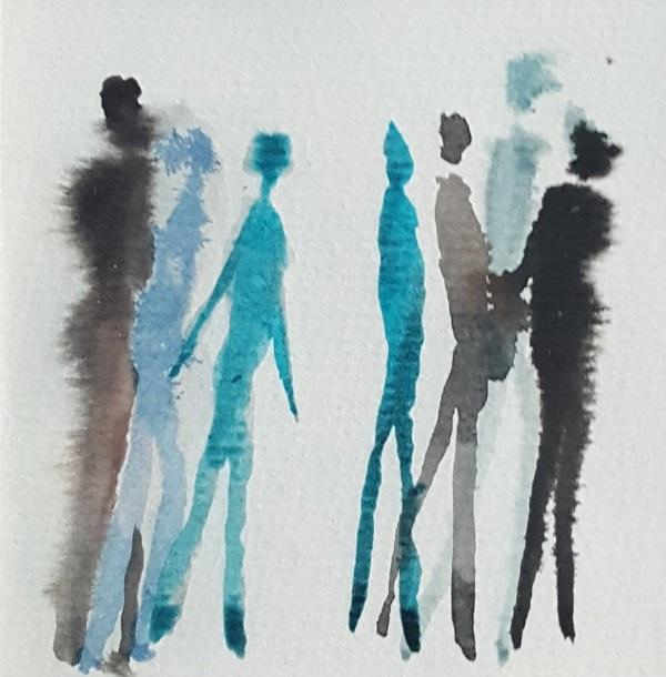 personnages à l'encre noire et bleue