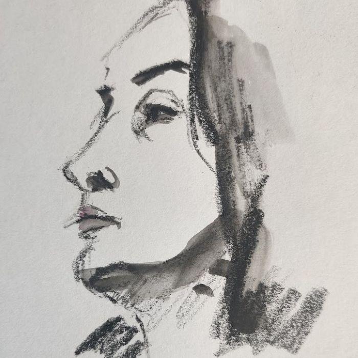 Portrait femme craie aquarellable
