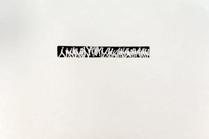 dessin à l'encre de chine à la plume, personnes qui margent la tête en bas