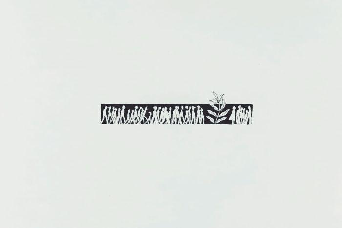 dessin à l'encre de chine à la plume, personnes surprises par une plante qui pousse