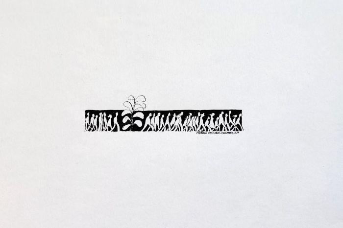 dessin à l'encre de chine à la plume, personnes arrêtées par une grande plante