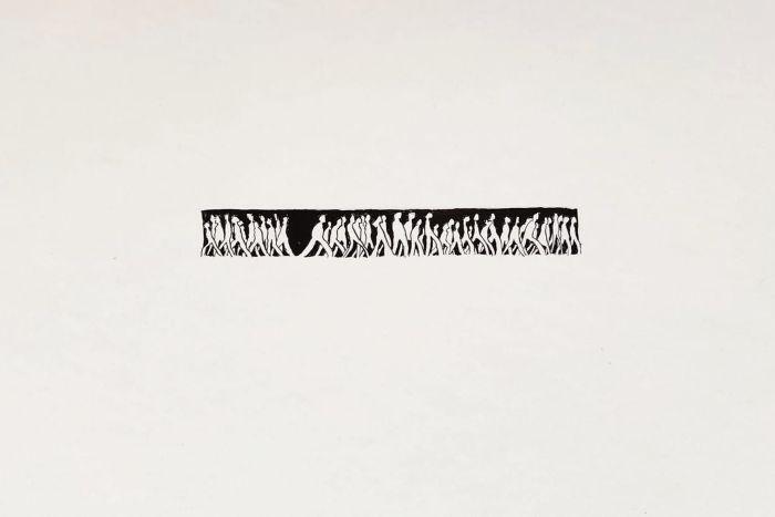 dessin à la plume à l'encre de chine, des personnes partent en sens inverse