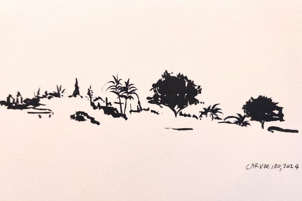 Carvoeiro vue falaise 2024 Carvoeiro, vue vers la falaise, encre de chine sur papier