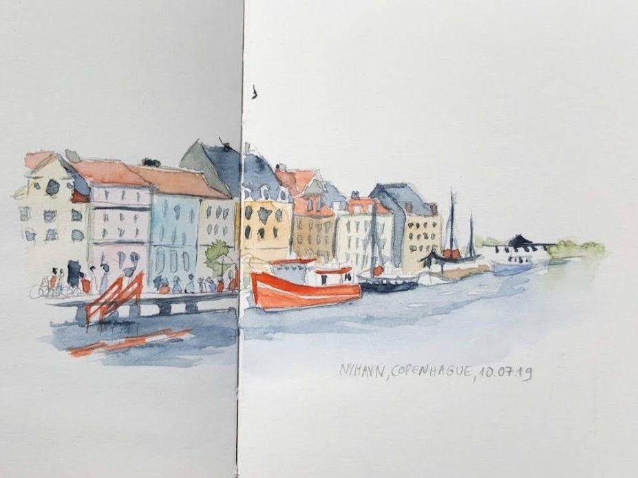 Danemark, Copenhague, Nyhavn, 2019 Copenhague, canal de Nyjavn, aquarelle