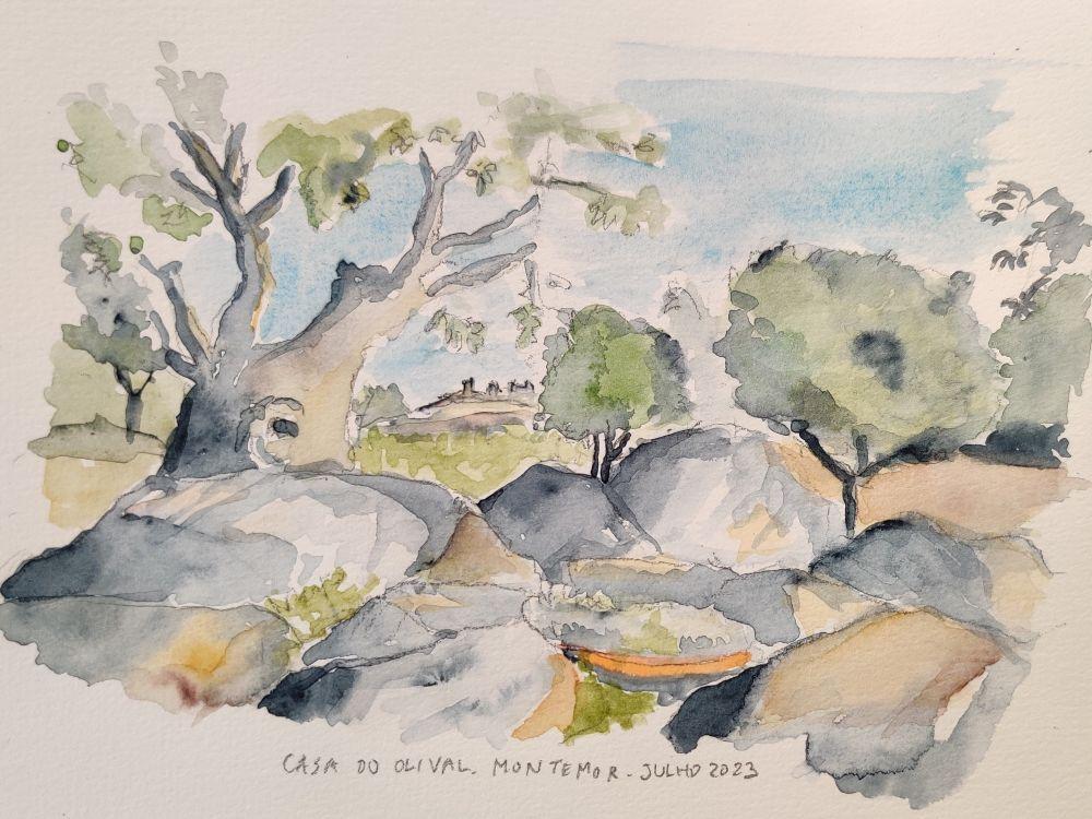 Montemor, Casa do Olival 2023 Vue du château de Montemor-o-Novo, au Portugal, aquarelle 2023