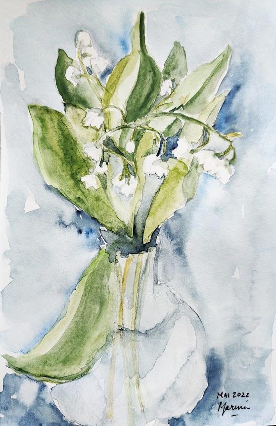 Muguet en pot, aquarelle