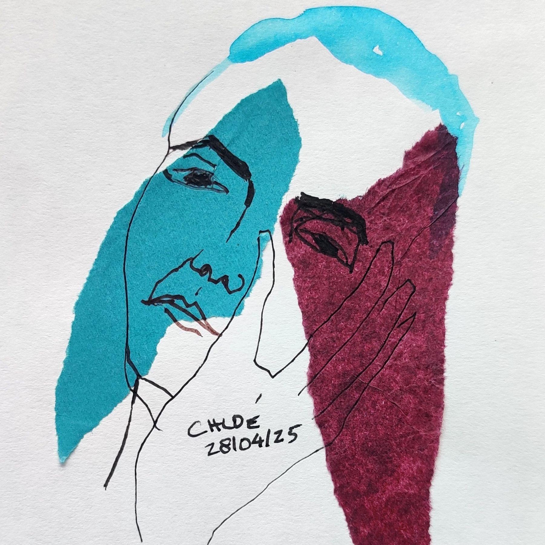 Portrait rapide au feutre noir, encre et collages sur papier