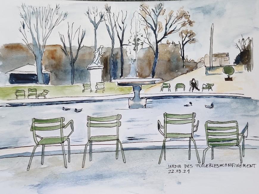 Paris, Jardin des Tuileries, 2021 Jardin des Tuileries à Paris, aquarelle