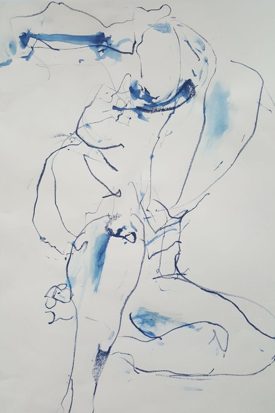 nu bleu, et maintenant fleurs sauvages, aquarelle