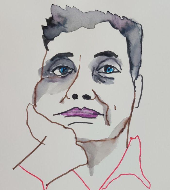 Portrait rapide au feutre noir, encre et collages sur papier