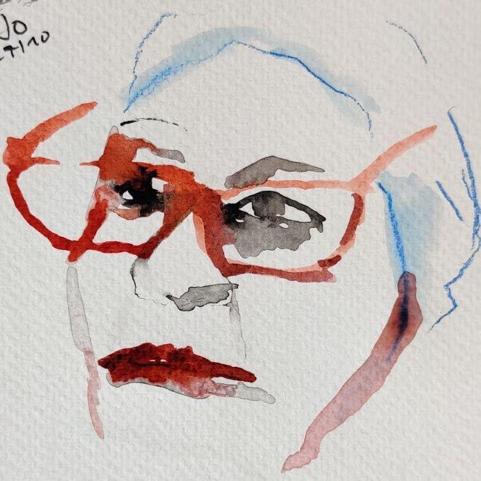 Portrait rapide au feutre noir, encre et collages sur papier