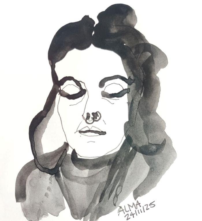 Portrait rapide au feutre et à l'encre sur papier
