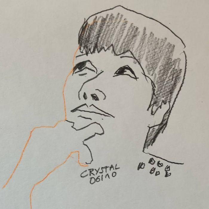 Portrait rapide au feutre noir, encre et collages sur papier