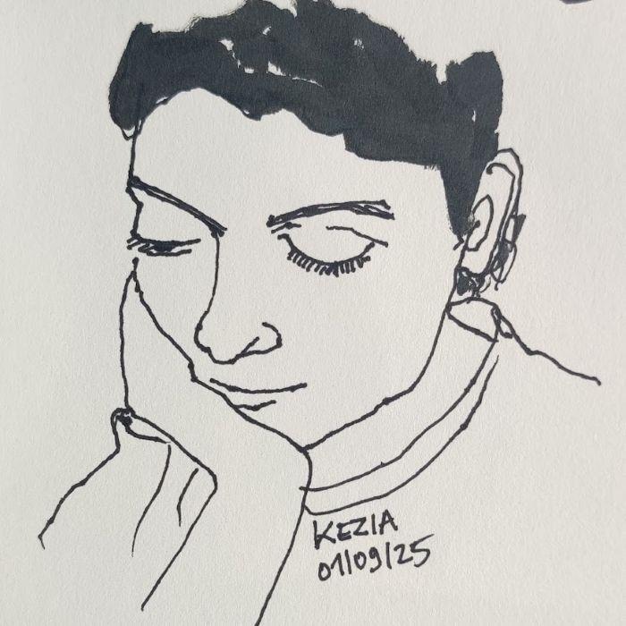 Portrait rapide au feutre noir, encre et collages sur papier