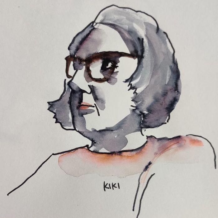 Portrait rapide au feutre noir, encre et collages sur papier