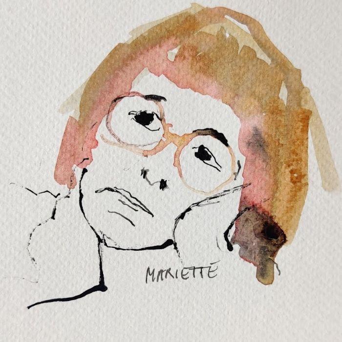 Portrait rapide au feutre noir, encre et collages sur papier