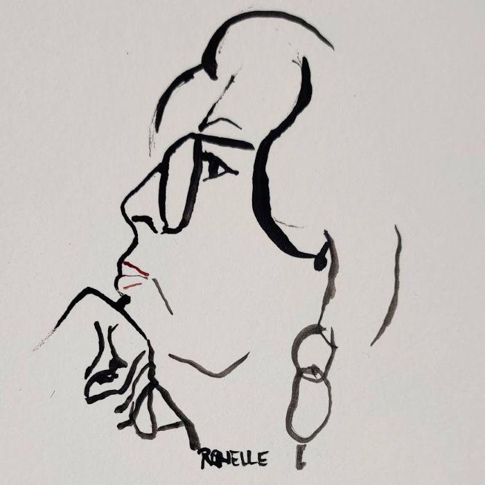 Portrait rapide au feutre noir, encre et collages sur papier